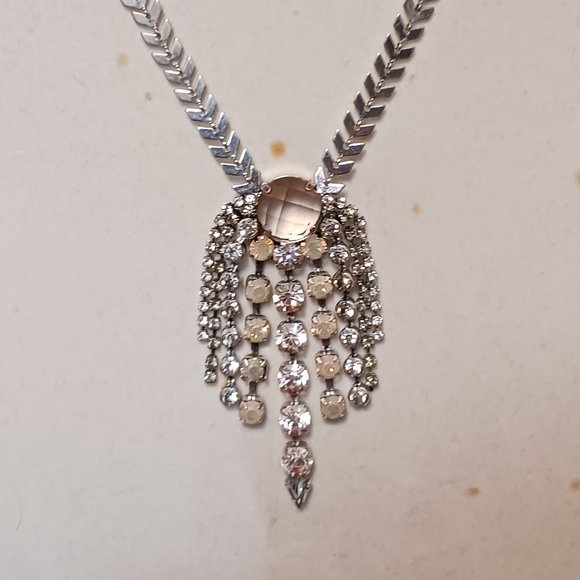 Express Silver Art Nouveau Statement Necklace with Crystal and Rhinestone Fringe - Picture 5 of 10